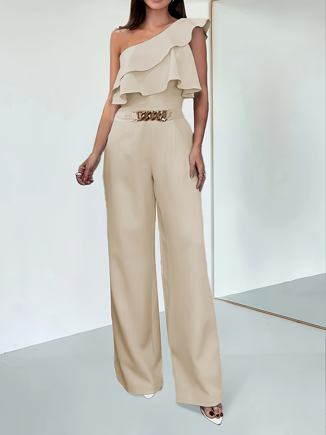elegant shoulder ruffle jumpsuit chic beige wide leg layered