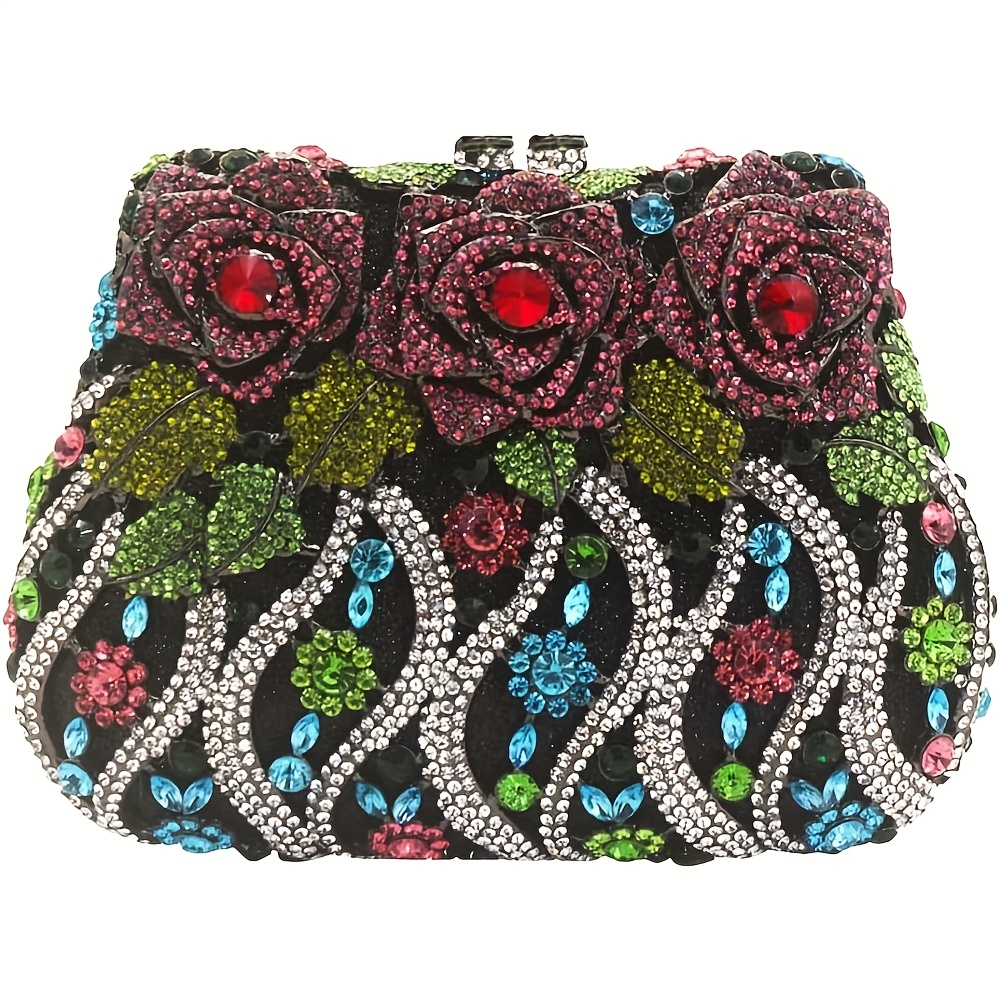 Image of Women Floral Rhinestone Purse Vintage Flower Rhinestone Evening Bag Prom Handbag