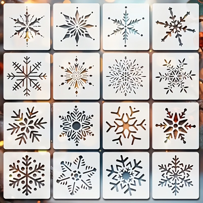 Image of 16pcs Snowflake Painting Stencils, 10cm Durable Plastic Christmas Decoration Templates, Designs For Walls, Wood, Fabric Crafts, Coasters, Gift Wrapping, And Holiday Decorations