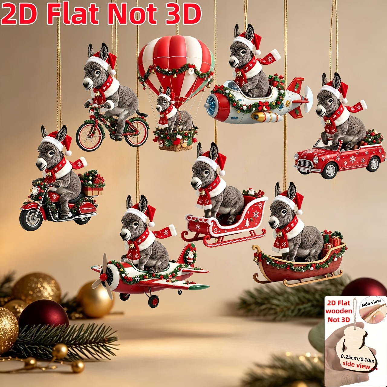 TEMU 2d Flat, 8pcs Set, Cute Donkey Sitting On Christmas Vehicle Wooden Pendant Decor, Cute Donkey Wearing Different Christmas Outfits Design And