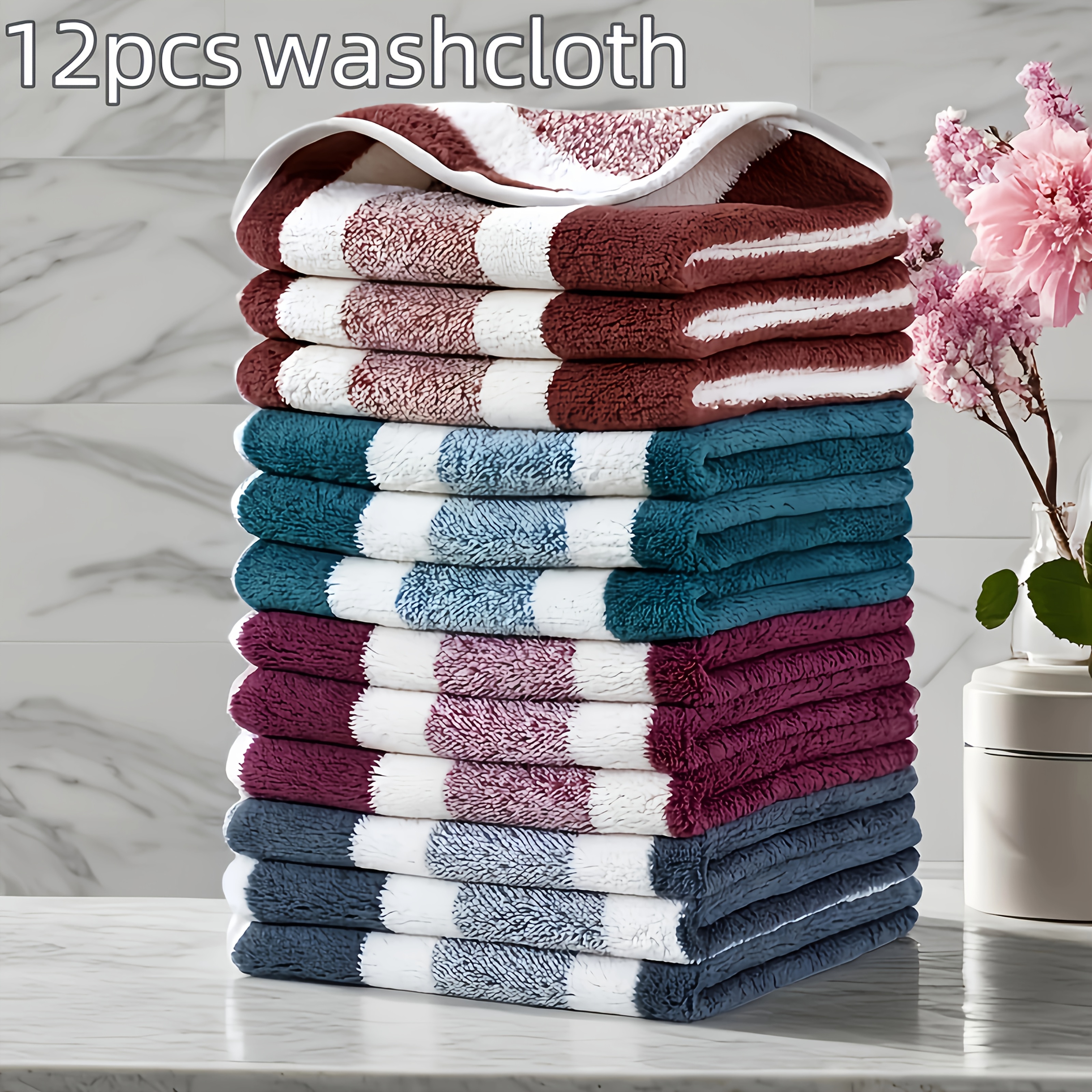 Image of 12pcs Set Wide Strip Pattern Square Washcloth Cloth 30cm*30cm/11.8*11.8in Coral Velvet Super Absorbent -friendly