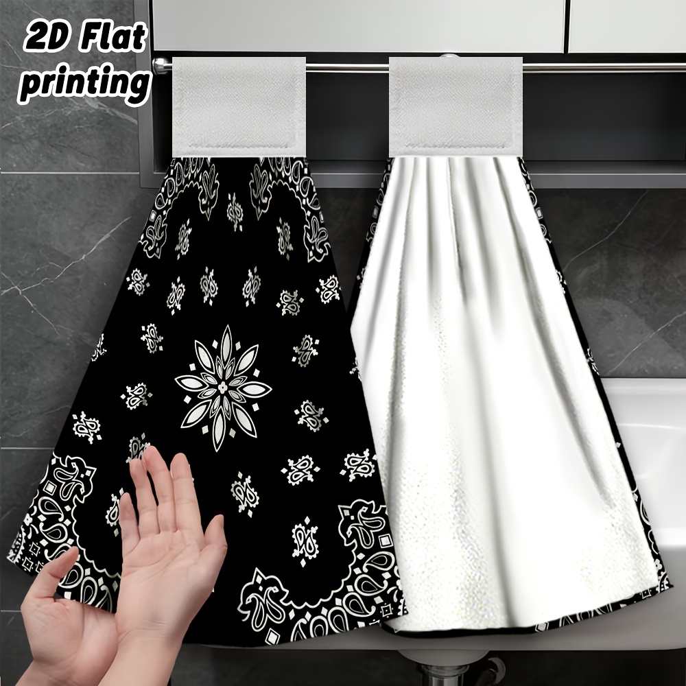 TEMU 1pc 1pcs Black & White Floral Hanging Hand Towel Suitable For Bathroom, Kitchen, Soft Microfiber Quick-dry Reusable Towels With Fingertip,