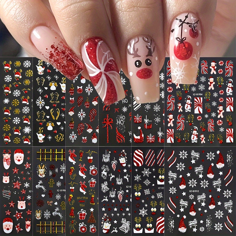 TEMU 12pcs 5d Embossed Cute Cartoon Christmas Nail Art Stickers- Self-adhesive Nail Decals With Santa Snowman Elk & Xmas Tree Gingerbread For Man