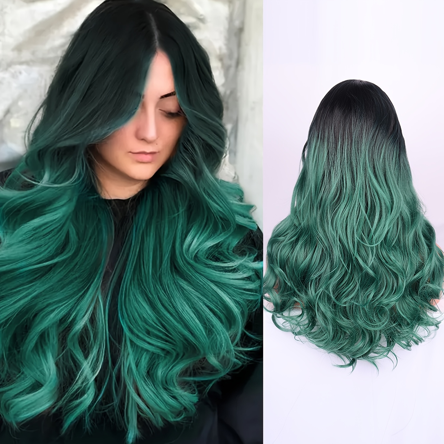Image of 1pc Women's Long Wavy Ombre Green Wig - 150% Density, High-temperature Synthetic Fiber, Cap, Body Wave Mermaid Hair For Daily Wear & Party Cosplay, Versatile Hairpiece, Elegant