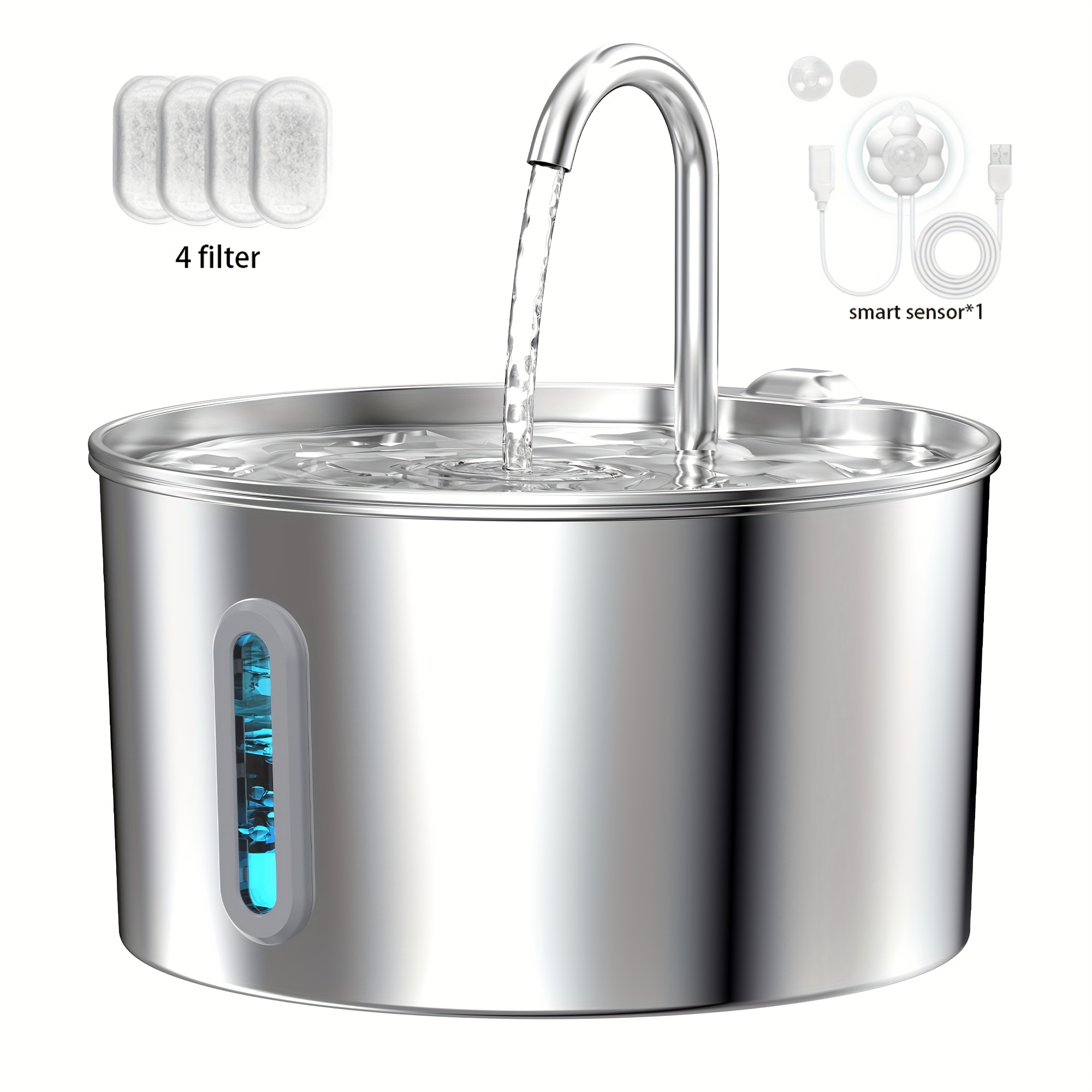 TEMU Zyfeeder Stainless Steel Cat Water Fountain With Automatic Pump & Filter - 2.2l/74oz Large Capacity, - Gravity-fed Fountain With Design, Ipx8,