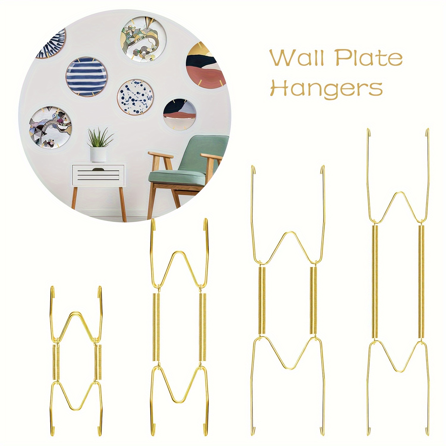 

4pcs Elegant Golden W-shaped Decorative Plate Metal Hooks - Invisible Spring Wall Plate Hangers In 4/5/6/8/10 Inch Sizes, Stainless Steel With Nails For Antique & Art Plates, Decor, Plate Wall Hanger