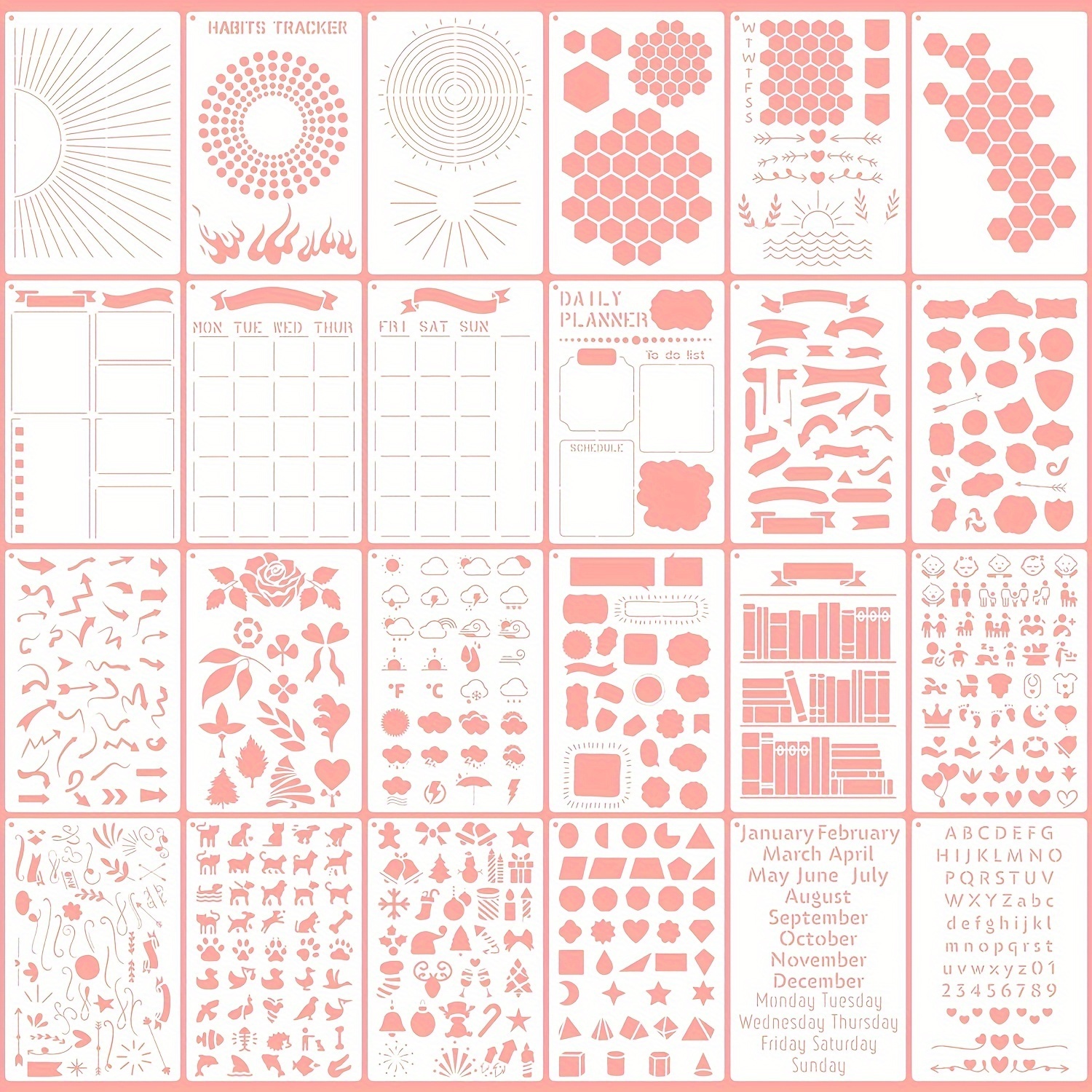 

24pcs Reusable Planner Stencils Set - Pet Journaling Templates For Bullet Journal, Scrapbooking, Diy Diary, Notebook, Schedule & Habit Tracking - Versatile Shapes & Patterns For Productivity