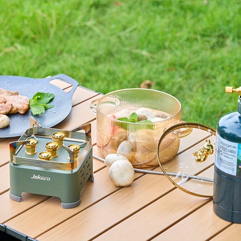 1pc stainless steel portable gas stove with windproof design folding outdoor camping burner with propane butane compatibility storage box included ideal for picnic barbecue tea brewing grilling details 2