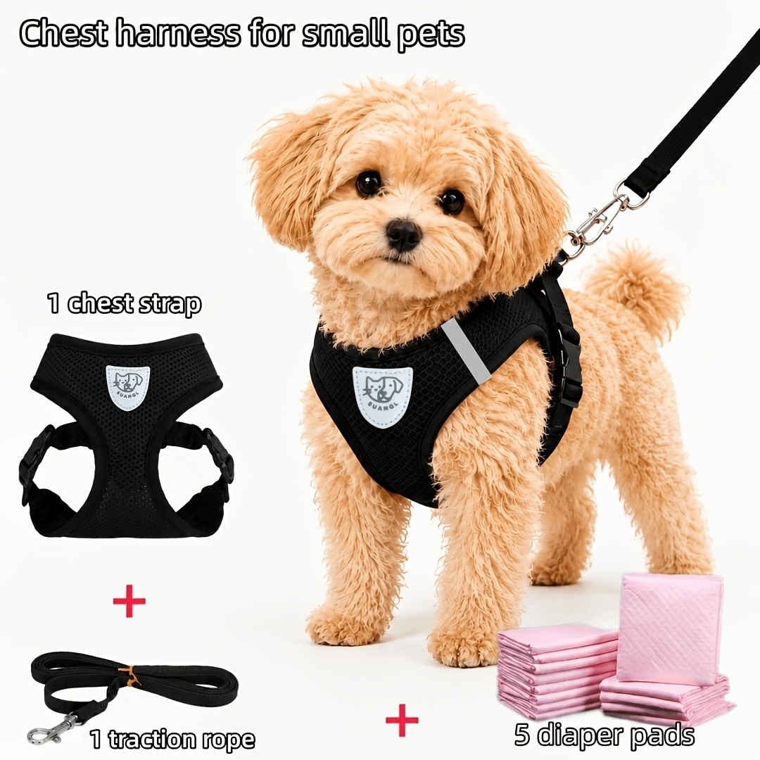 TEMU Pet 7pcs Set: Breathable Lightweight Reflective Adjustable And Leash With 5pcs Disposable Pet Pads, Designed For Small Pets Like Dogs And Cats