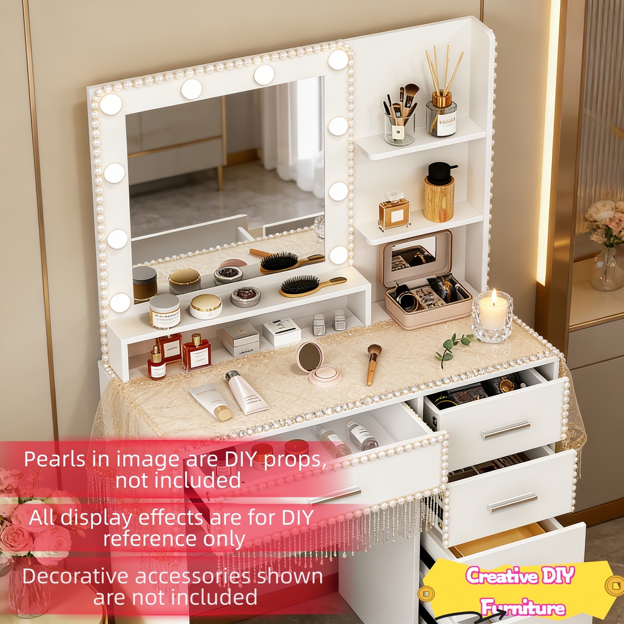 Premium Solid Wood Modern Ladies' Vanity Table with LED Mirror