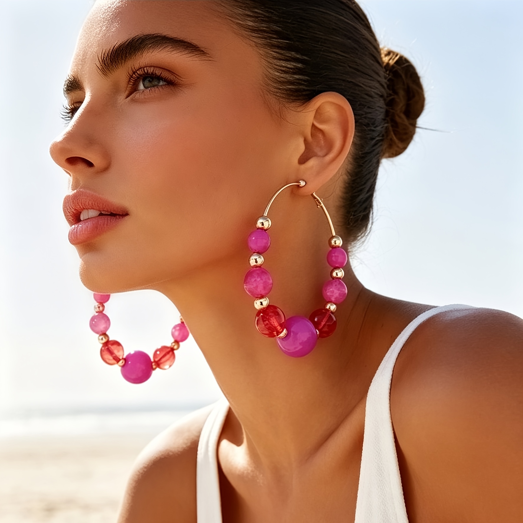 Women's Bohemian Large Round Bead Tassel Hoop Earrings
