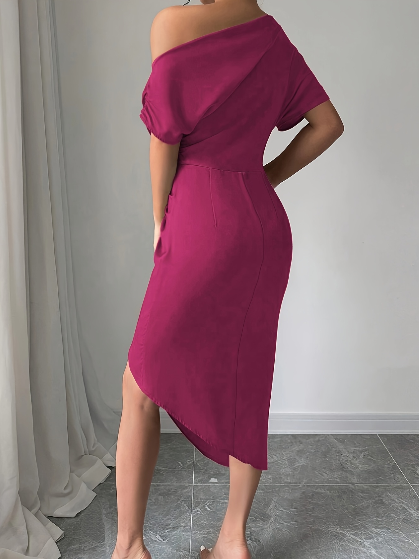 GGF284E Women's Deep Purple Asymmetrical One-Shoulder Bodycon Dress  Minimalist Hand Pleated Detail, Machine Washable Spring/Summer Dress for  Casual