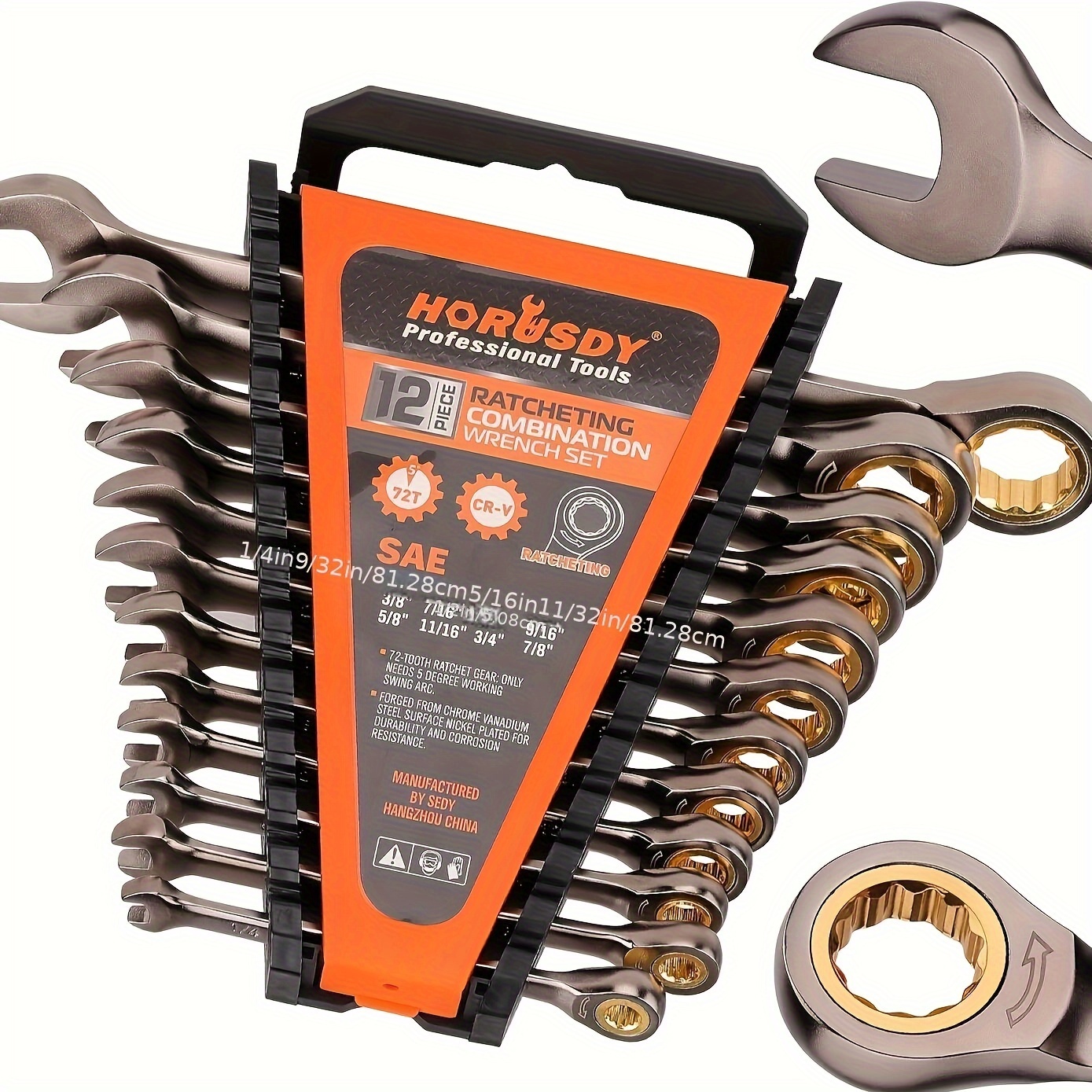 

12pcs Sae Ratcheting Wrench Set With Organizer - Chrome Vanadium Steel, 1/4" To 7/8", Scratch & Rust Resistant