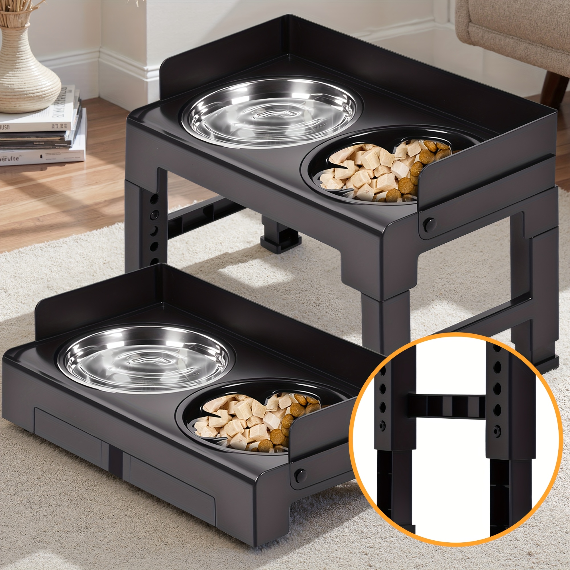 TEMU Advwin Raised Dog Bowls Featuring 2 Stainless Steel Food Bowls And 1 Slow Feeder Bowl, Adjustable To 6 , Suitable For Small, Medium, And Large