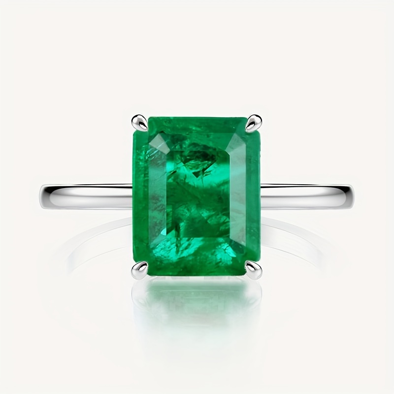 

S925 Silver 4 Carat 8*10mm Rectangular Emerald High Carbon Ring Colored Gemstone Gift Family & Friends Jewelry Birthday Gift Anniversary Wedding Festival Activities Daily Wear