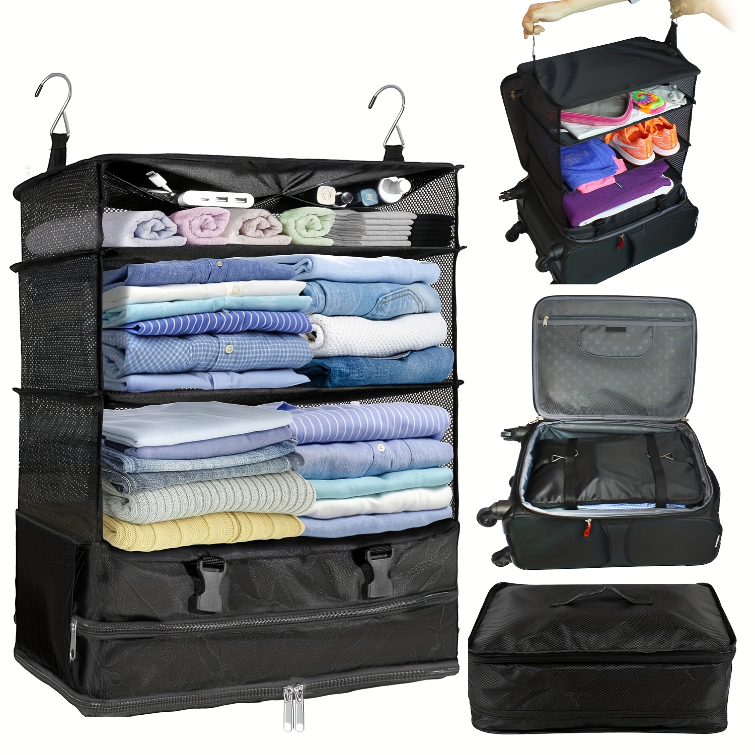 

Portable Travel Hanging Organizer With Clothes Hanger, Canvas Suitcase Packing Cubes, Luggage Storage, , Hand Washable, No Printing, Black - 1 Pack