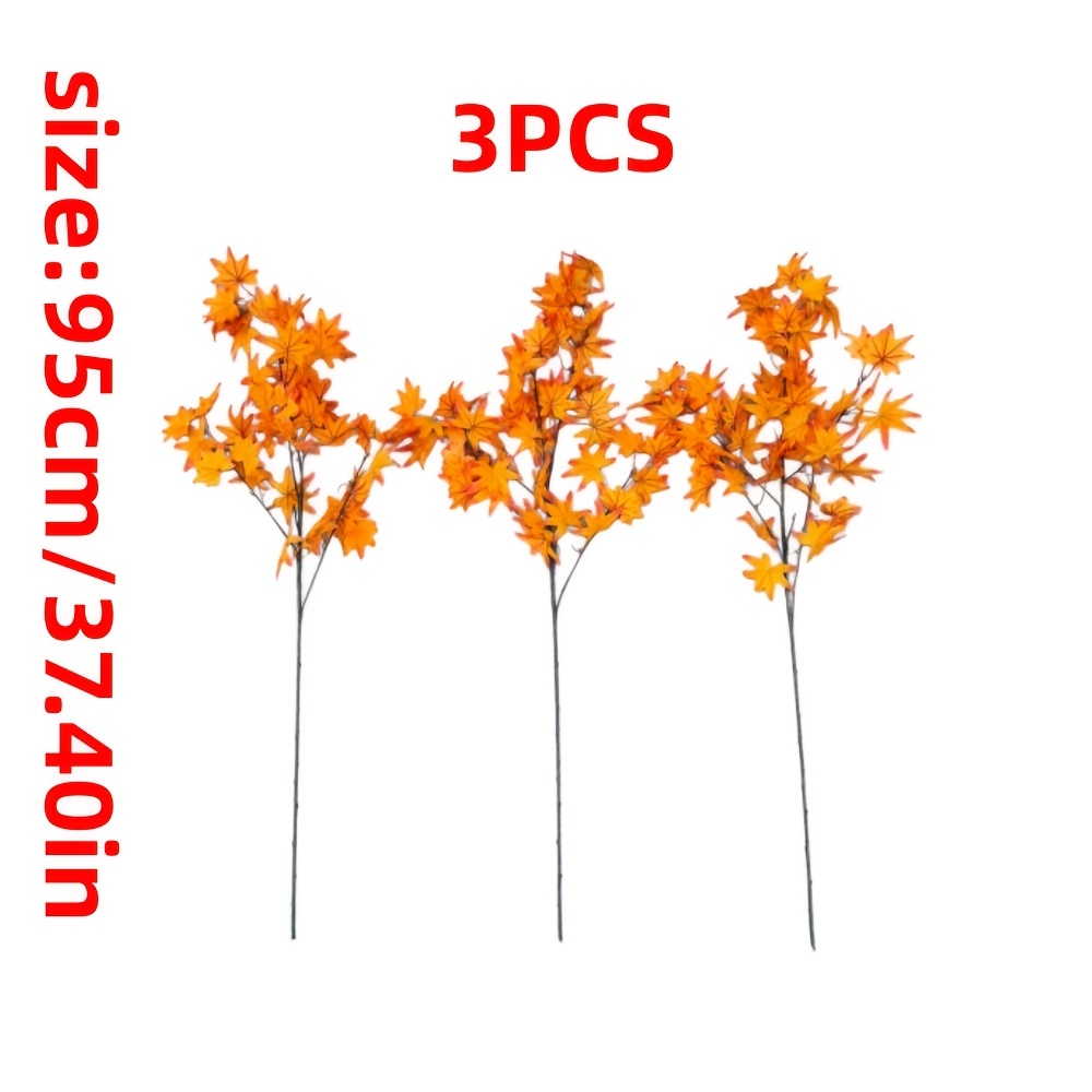 TEMU 3-pack 95cm Realistic | Realistic | Autumn Orange-yellow Artificial Flowers, Long Branches Realistic Maple Leaf Ornaments, Suitable For Living