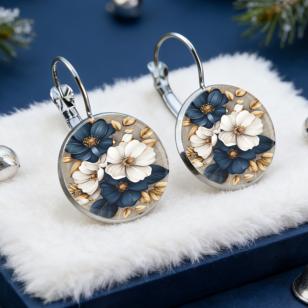 TEMU Blue, White, And Golden Earrings, Made Of Alloy With Glass Inlay, A Fashionable Gift For Women, Delicate Earrings Suitable For Daily Wear