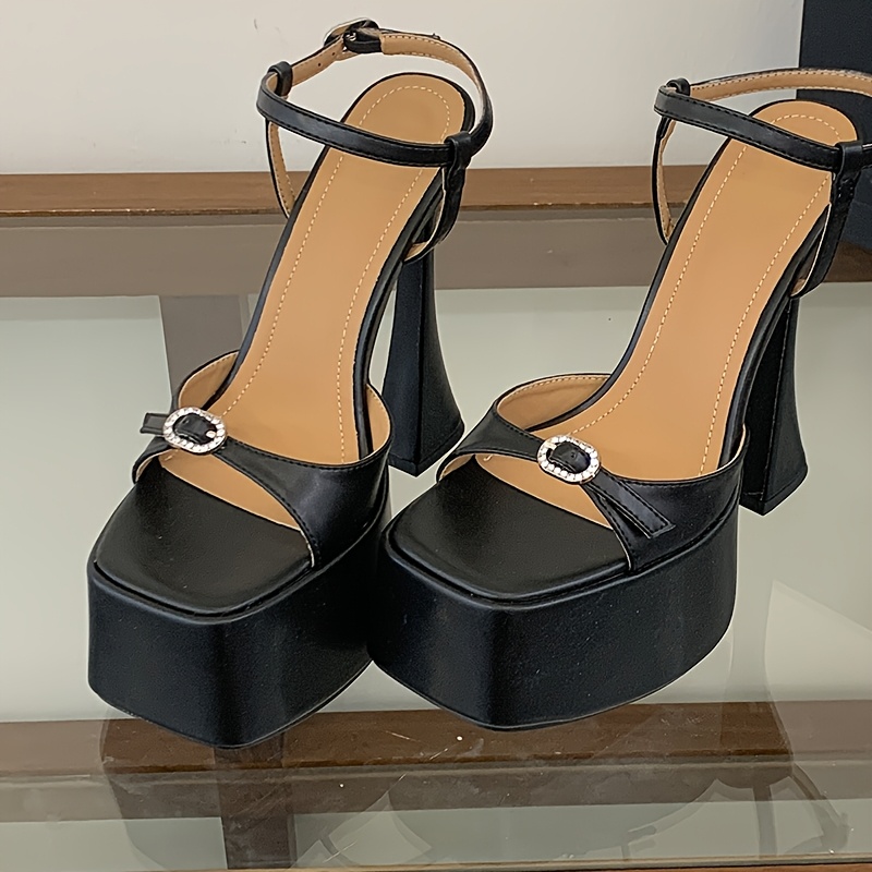 TEMU Square-toe Platform Sandals With Thick Heels, 16cm Ultra-high Heels, With Single Strap , Women's Shoes, Sexy And Elegant Style, Women Shoes