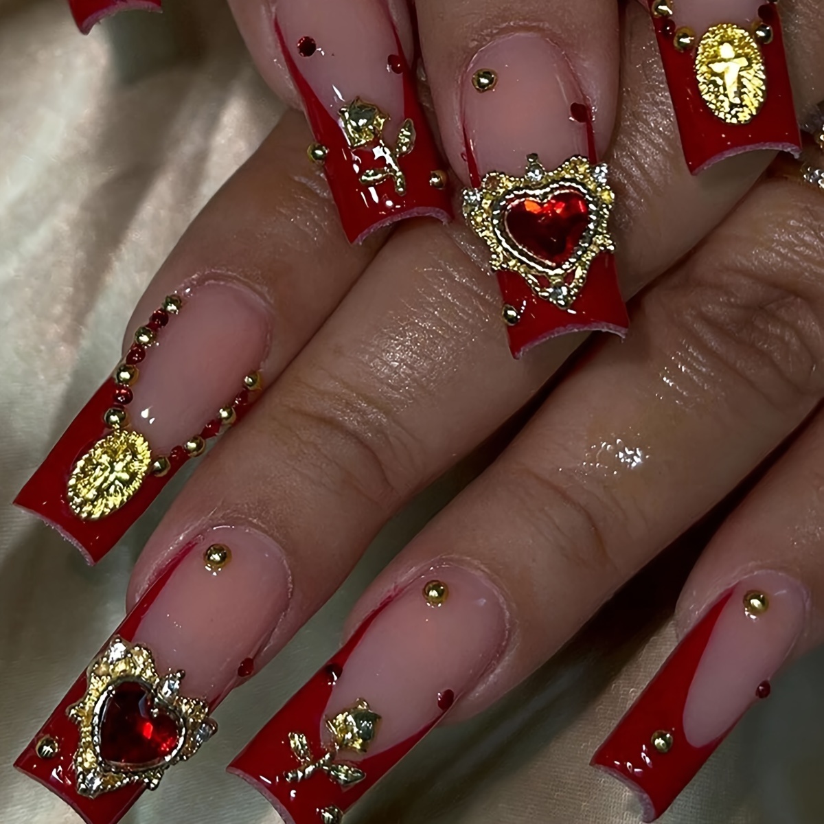 A Set Of 24 Long Square False Nails In Red With 3d Rose Designs, Perfect For Valentine's Day, Graduation Season, Or As A Gift For Sisters. Includes Jelly Glue, 1 Nail File, And 1pc