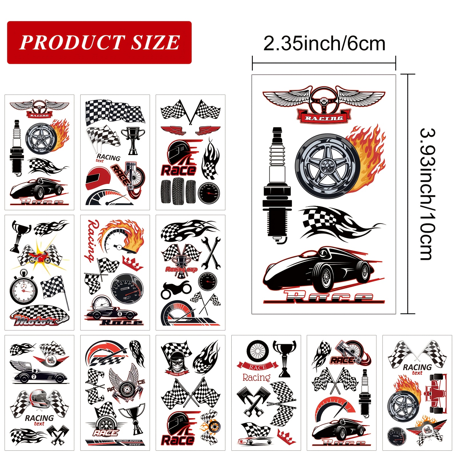 Image of 12 Sheets Racing Competition Temporary Tattoos, Racing Party Decoration Items, Waterproof And Long-lasting Fake Tattoo Stickers, Body Art, Size: 10x6cm