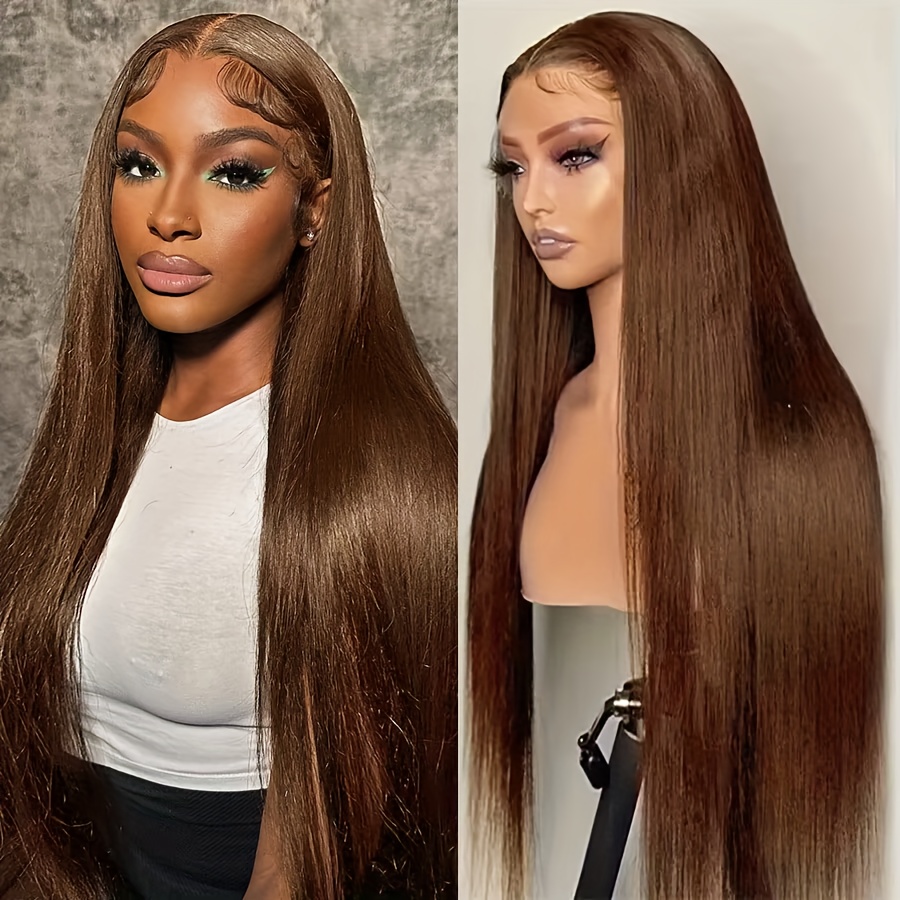Image of Brazilian Human Hair Straight Lace Front Wig With 13x6 Hd Transparent Lace Closure - 180% Density Natural Hairline & Baby Hair, Pre-plucked Brown Wig For, & Asian Hair Types (no Glue Needed)
