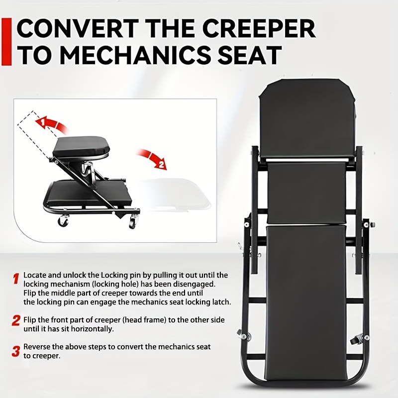 36 Inch 2-In-1 Z Crawling Seat a Garage Chair That Can Hold Around 500 Pounds, Features an Adjustable Rolling Folding Design for Car Repairs, And Comes with 6 Heavy-Duty Swivel Casters Measuring 2.5 Inches Each 3 36 Inch 2-In-1 Z Crawling Seat a Garage Chair That Can Hold Around 500 Pounds, Features an Adjustable Rolling Folding Design for Car Repairs, And Comes with 6 Heavy-Duty Swivel Casters Measuring 2.5 Inches Each - Image 3