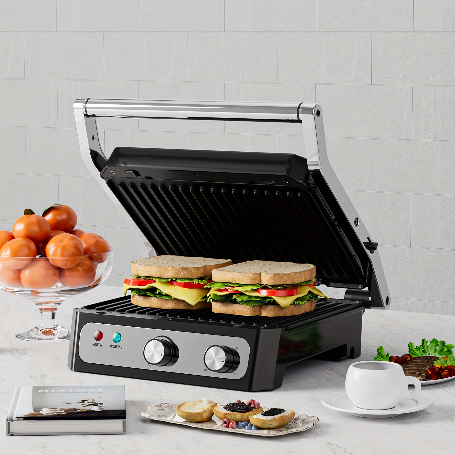 

4-slice & Sandwich Maker - Stainless Steel Griddle With Removable, Dishwasher-safe Plates For Indoor Bbqs, 180° Opening, Adjustable Temperature Control