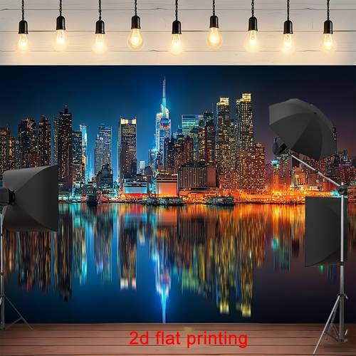 foto e artikullit printim i sheshtë 2d, 1 copë sfond fotografik blu profesional pamje e lartë panoramike qyteti hënë e natës, të ndriçuara vibruese reflektuese uji me