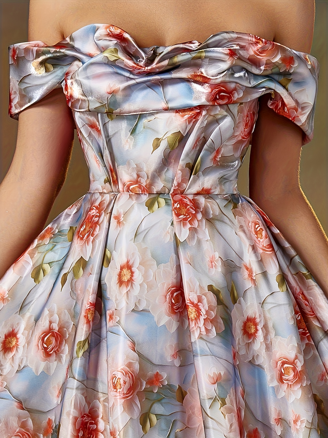 womens floral shoulder satin maxi dress print - Temu
