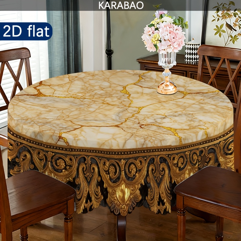 TEMU 1pc European-style Golden Carved Marble Pattern Round Tablecloth, Retro Bohemian Floral Tablecloth, Farmhouse Style, Indoor And Outdoor, Home