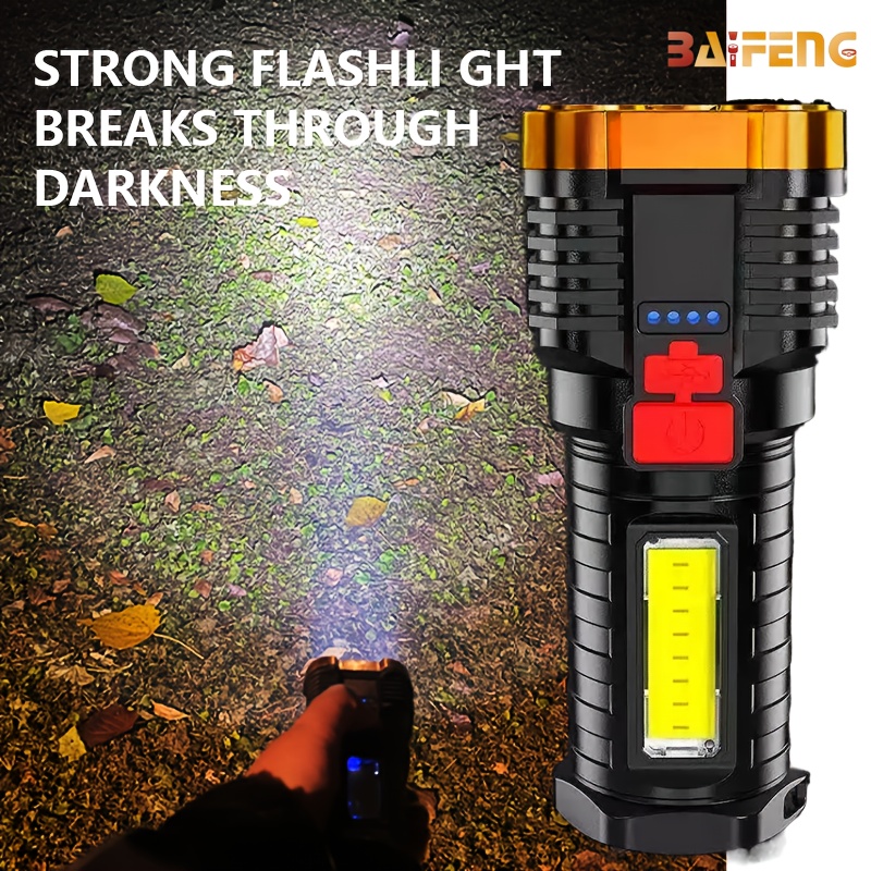 

Strong Five- Led Multi-functional Flashlight, Usb Charging, With 4 Display, Side Light Cob Irradiation, Outdoor Home Emergency Flashlight