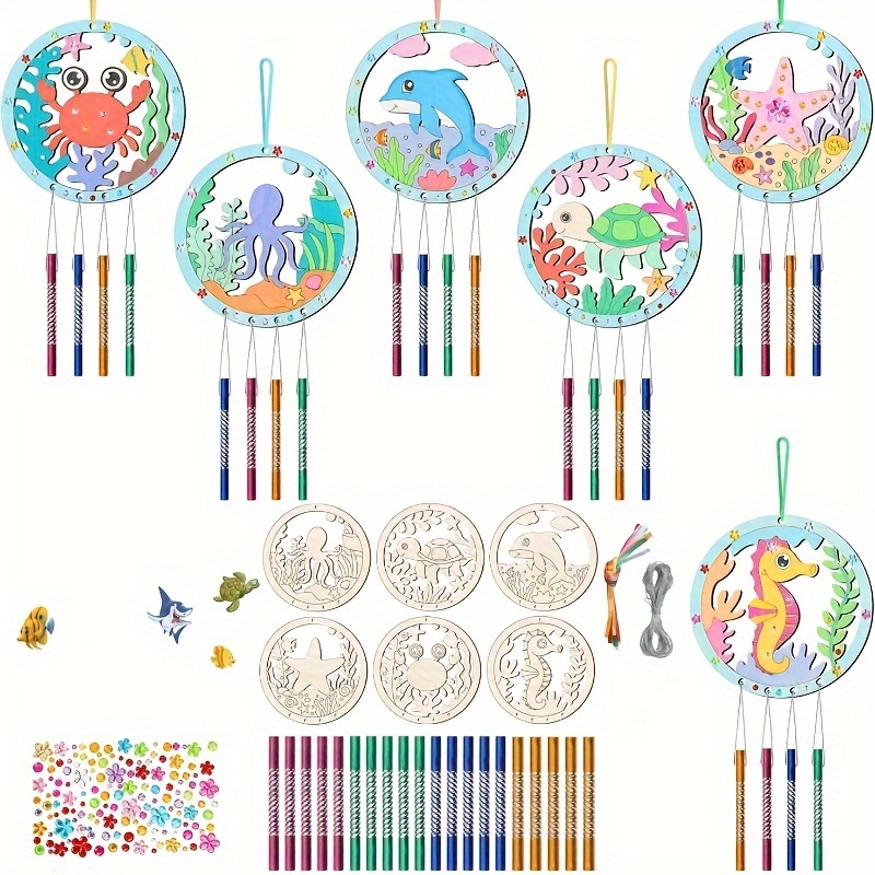 

12-piece Diy Ocean Themed Wooden Wind Chime Set With Paintable Decorative Charms, Round Sea Design, Handcrafted Home & Garden Party Favor, No Battery Required