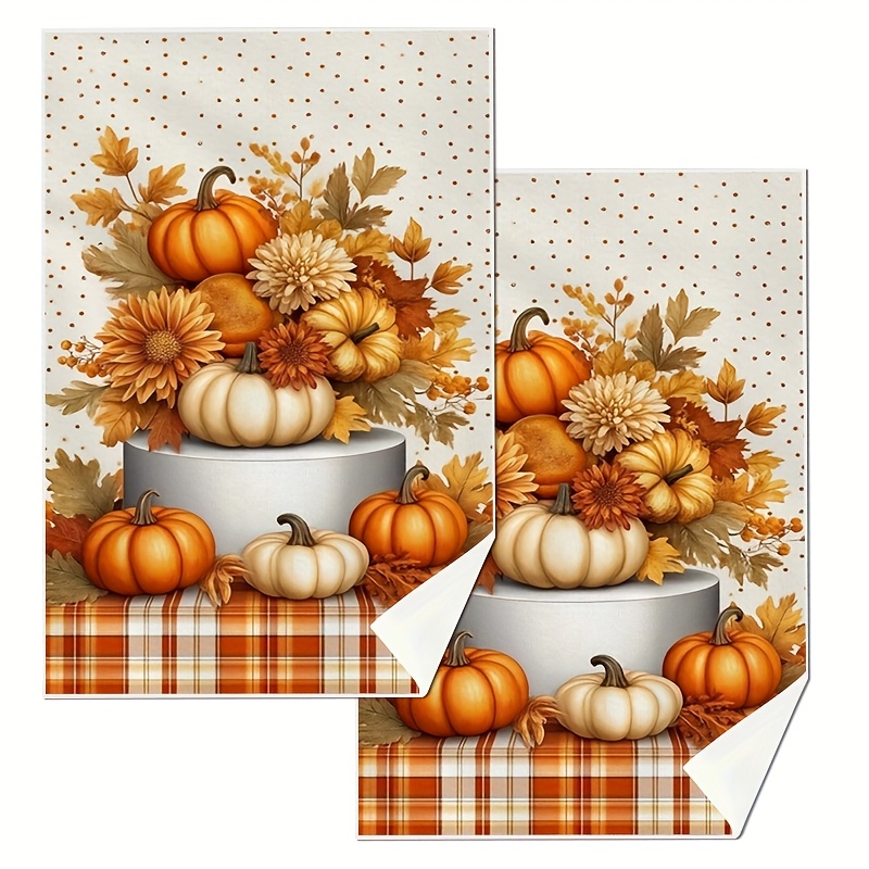 TEMU 2pcs Rustic Autumn Thanksgiving Harvest Floral Kitchen Towels - 18x26 Inch Absorbent Polyester Dish Cloths With Pumpkin & Leaf Design, Hand Wash