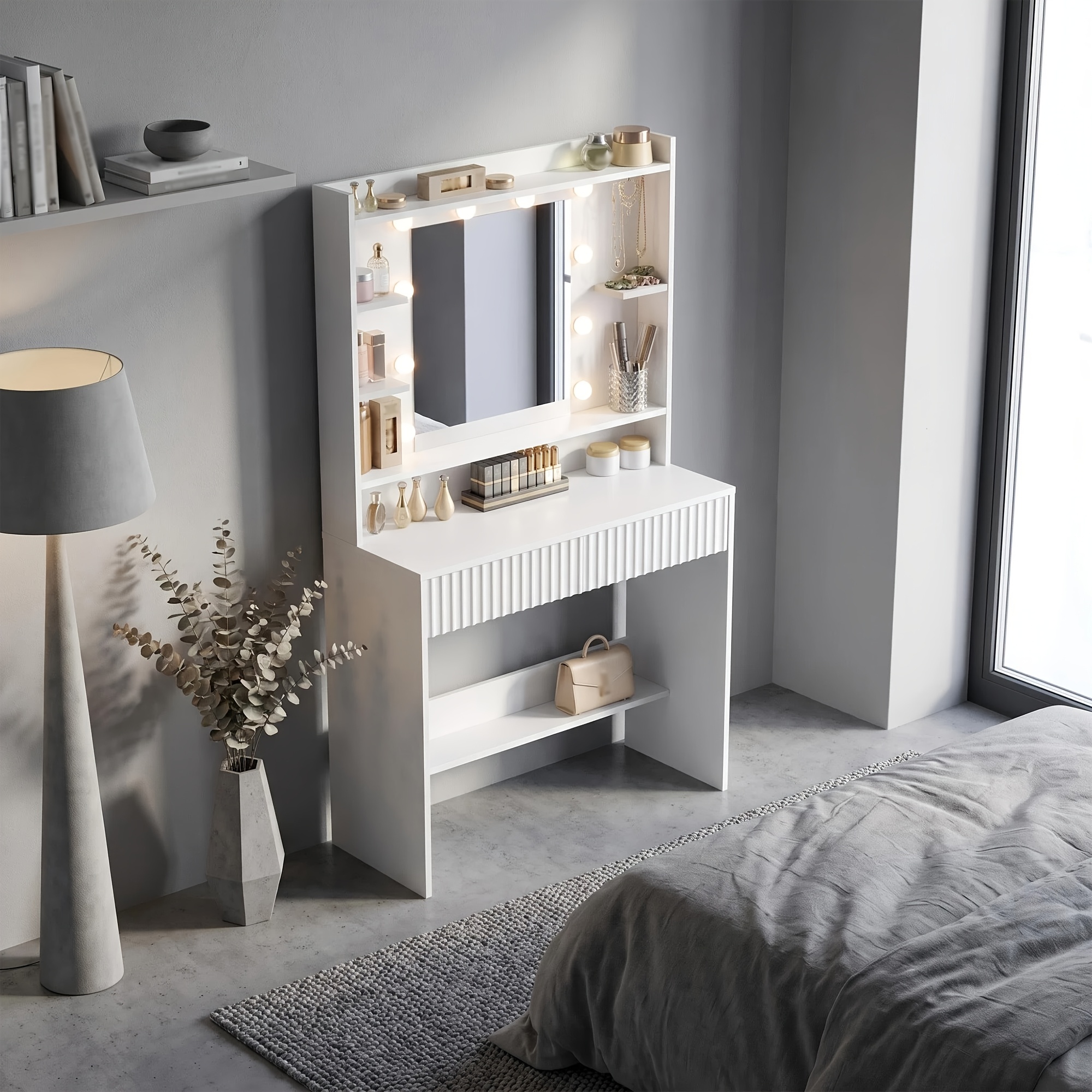 Image of To A Cluttered Vanity! This Illuminated Vanity Table Offers Storage And Easily All Your Makeup And Skincare Pain Points