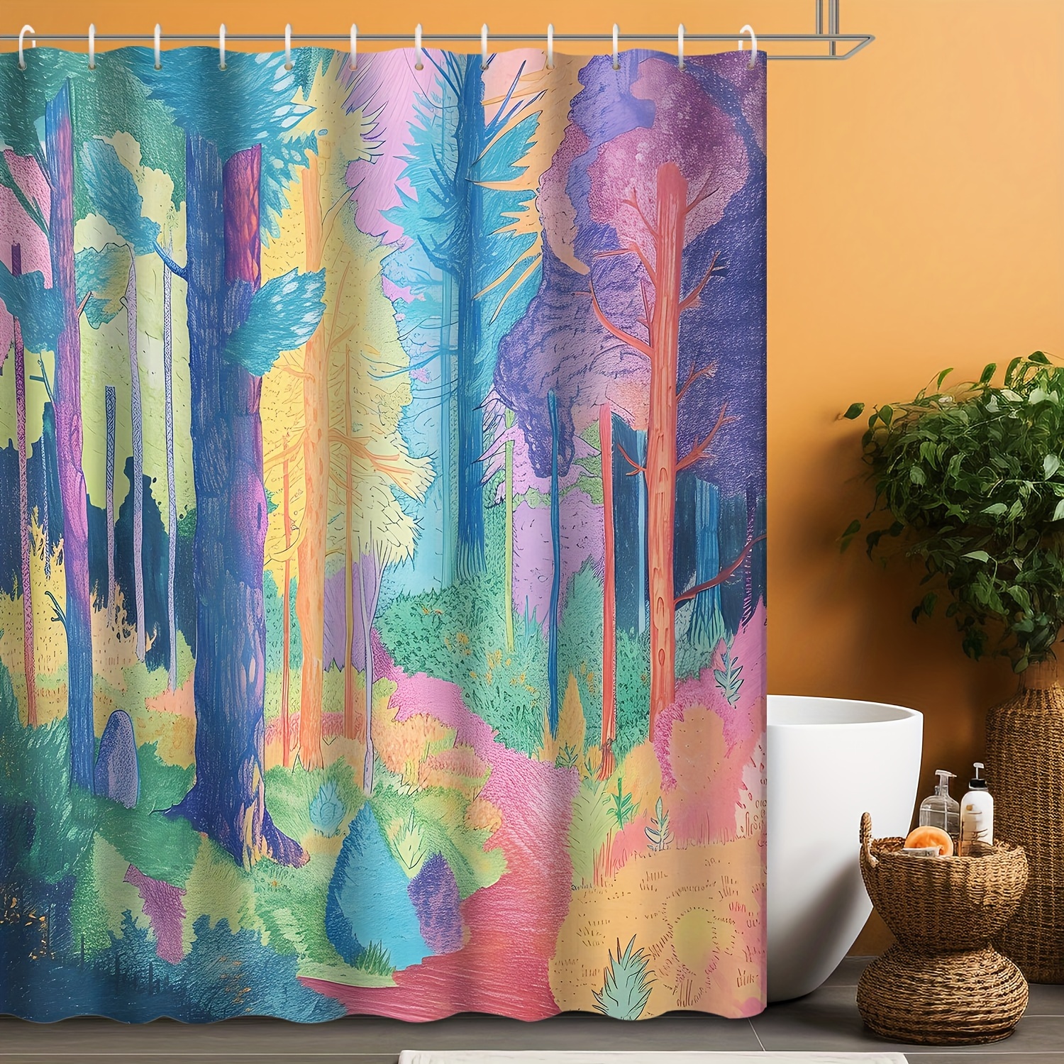 

1pc Colorful Forest Pattern Shower Curtain, Water-resistant Shower Curtain With Plastic Hooks, Wall Decoration Pendant, Bathroom Partition, Bathroom Accessories
