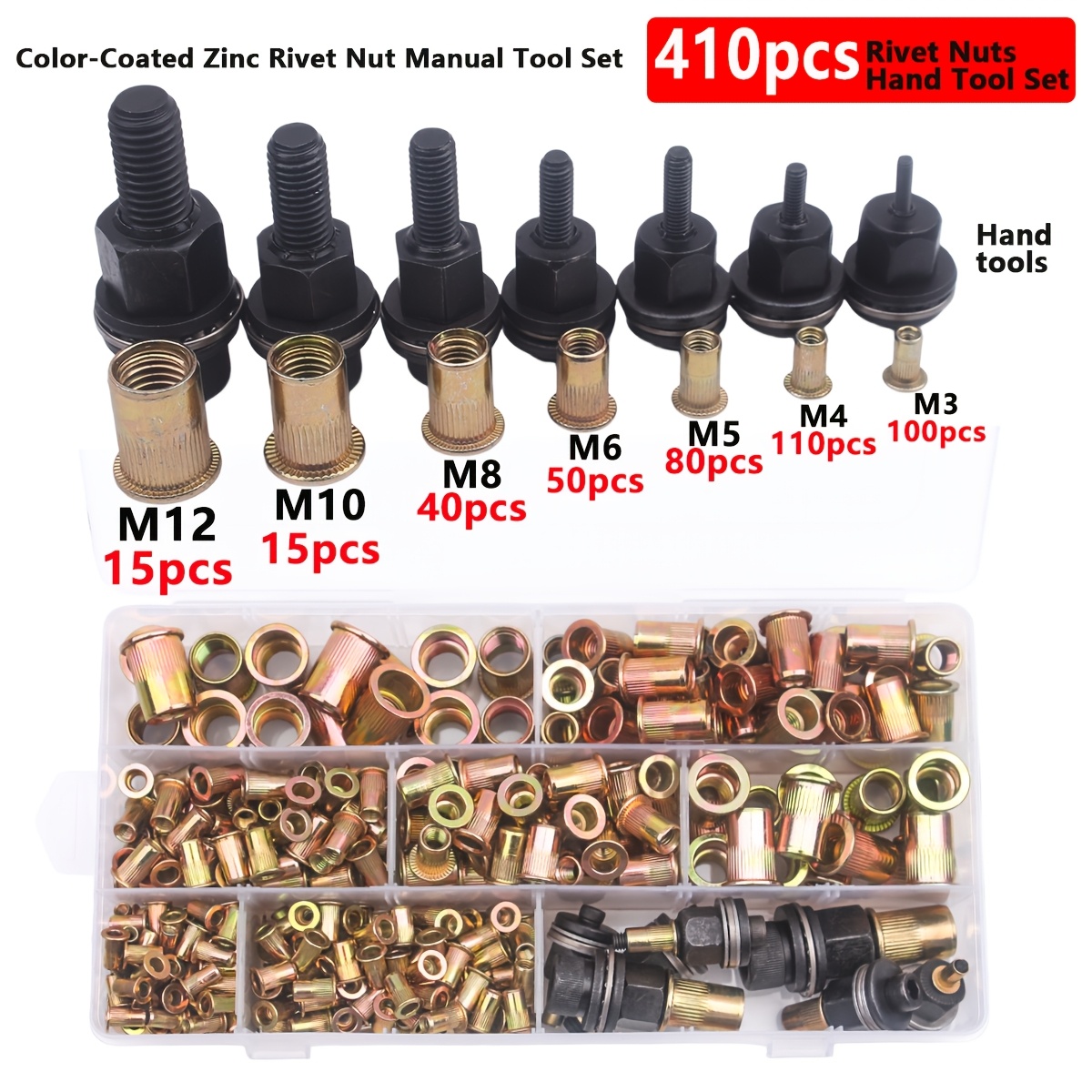 410pcs rivet nut and hand tool set metric rivet nut assortment hardened packaging m12 m10 m8 m6 m5 m4   suitable for furniture decoration automotive marine and industrial applications