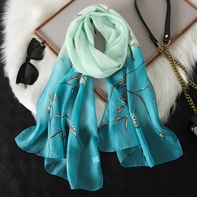 1pc Chiffon Scarf - Floral Pattern - Soft And Breathable - Lightweight - Elegant Green And - Perfect For Spring And Summer - Ideal Gift For Women