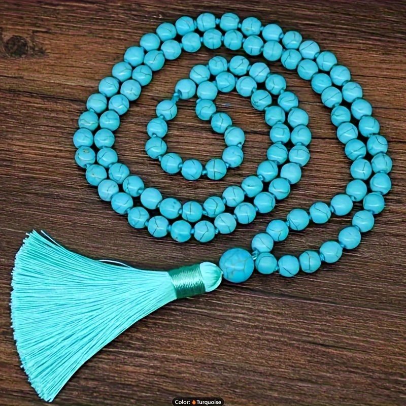 

1pc Chic 108 Bead Turquoise Mala Necklace, 6mm Synthetic Gemstone, April Birthstone, Tassel Pendant, Handmade Knotted Rosary, Long Beaded Chain For All