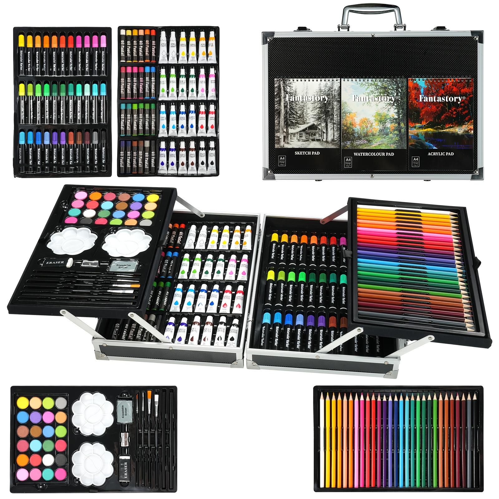 TEMU 145pcs For In A Portable Aluminum Case | -one Drawing And Painting Kit Featuring Acrylics, Oil Pastels, And Watercolor Cakes | Perfect Christmas
