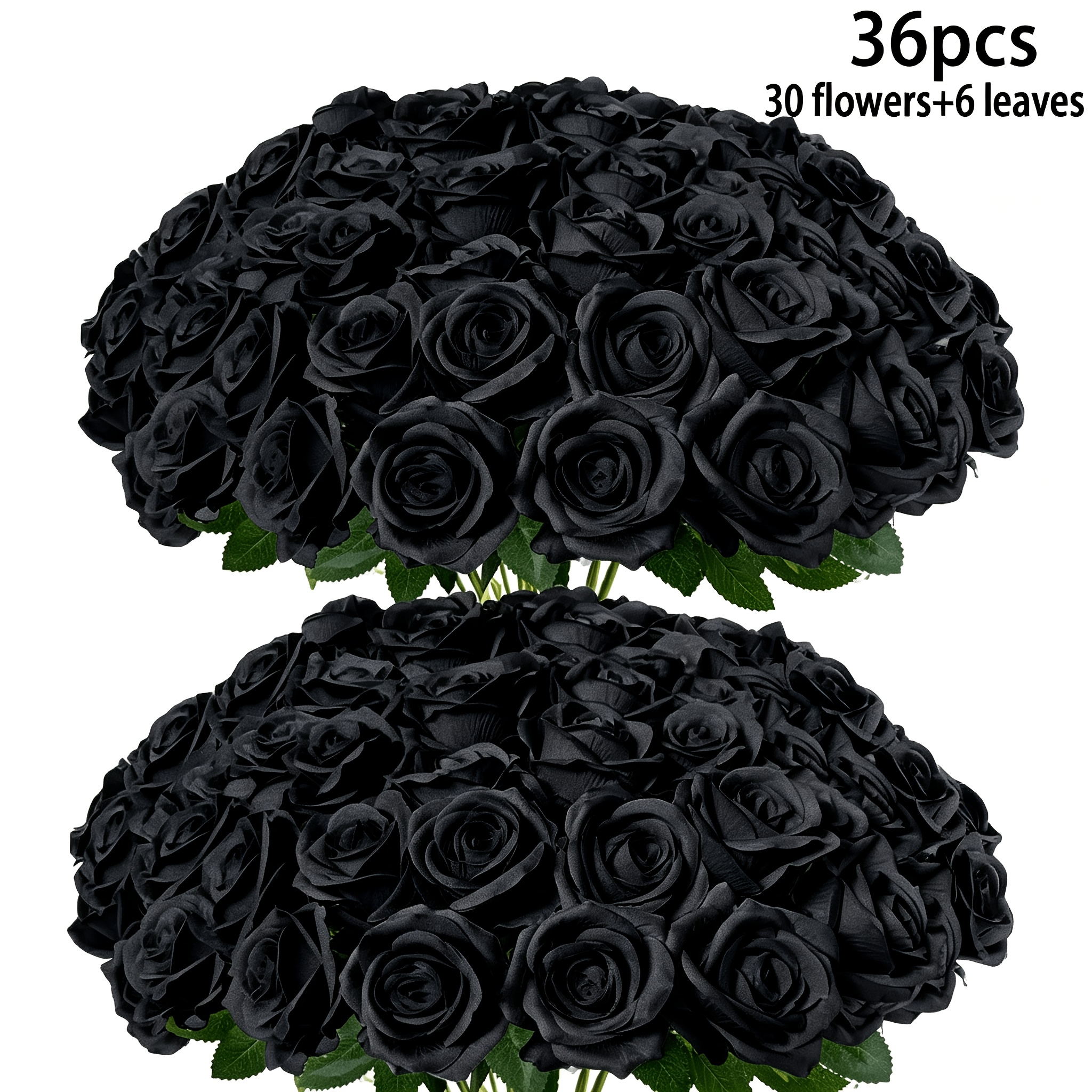 TEMU 36pcs (30pcs Flowers And 6pcs Leaves) Black Rose Artificial Flowers With Stems, Loose Fake Rose Bouquet, Halloween Rose Wedding Centerpiece
