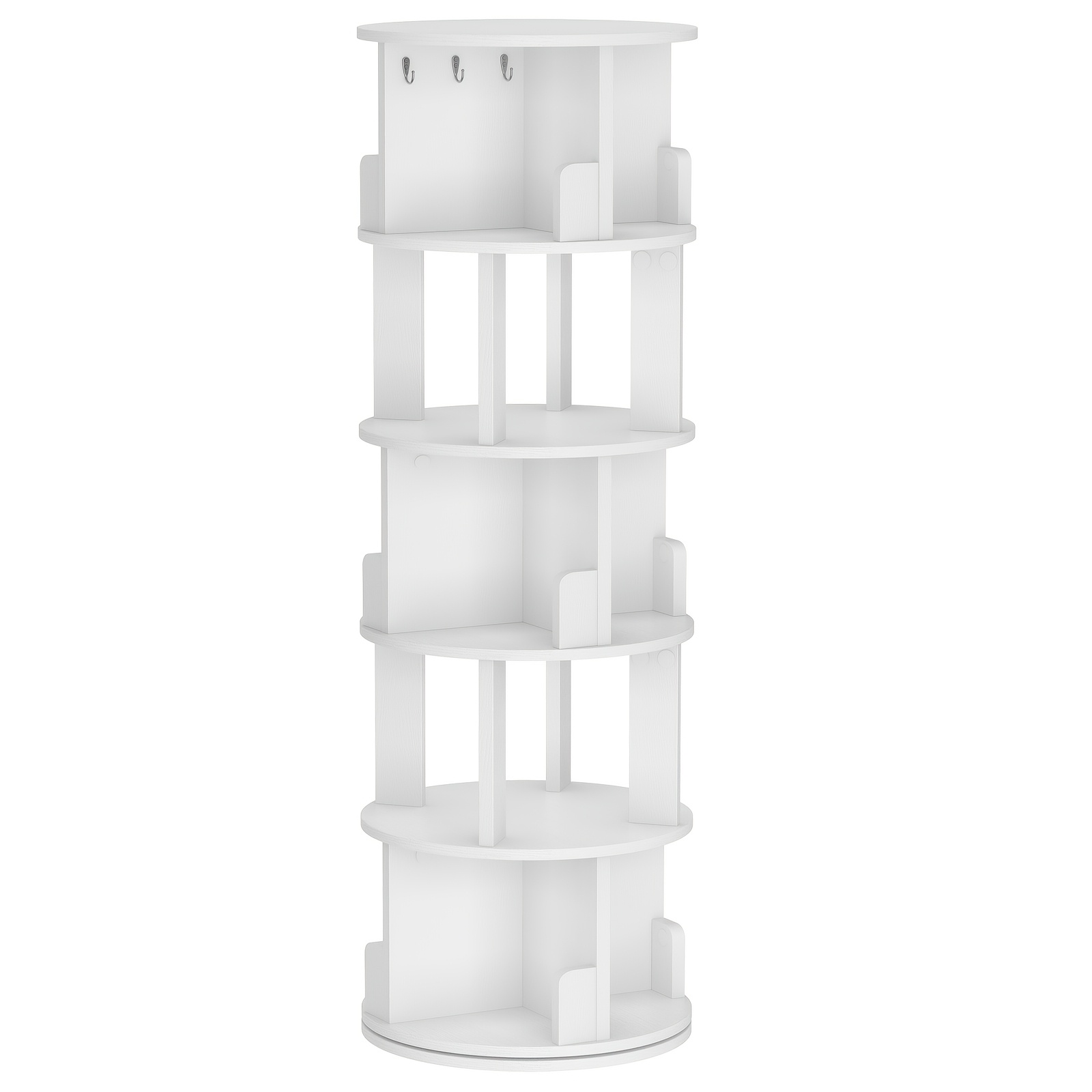 Image of 5 Tier Vertical Rotating Standing Shelf, Freestanding Round Spinning Storage Organizer With Hooks, Heavy Duty Revolving Display Shelving Unit For Home Decor And Small Spaces, Standing Shelf