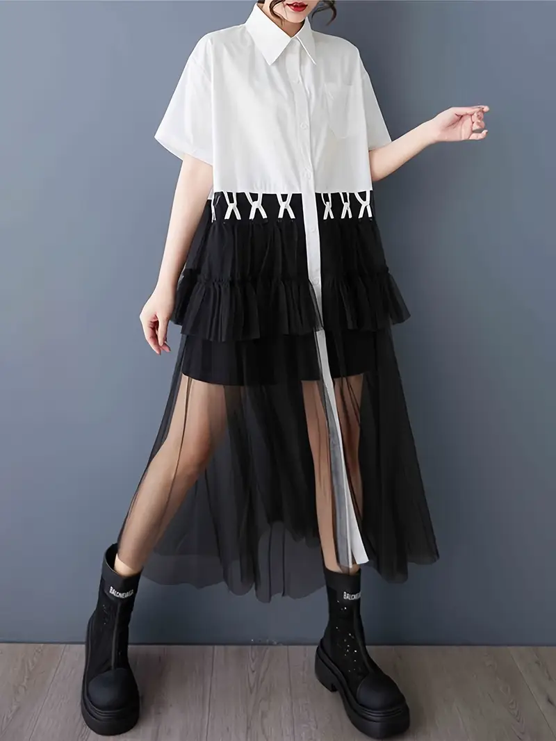 oversized mesh shirt dress GHAKKE Women's Fashion Mesh Patchwork Oversized Shirt Dress Casual Lapel Short Sleeve Loose Flowy Hem Maxi Dress Streetwear(Black) at Amazon Women's Clothing store