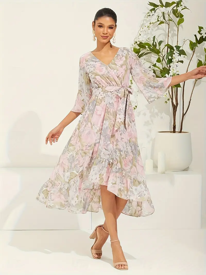 neck floral chiffon long dress with flowing sleeves elegant and stylish for weddings and vacations belt ll425 Product details 0