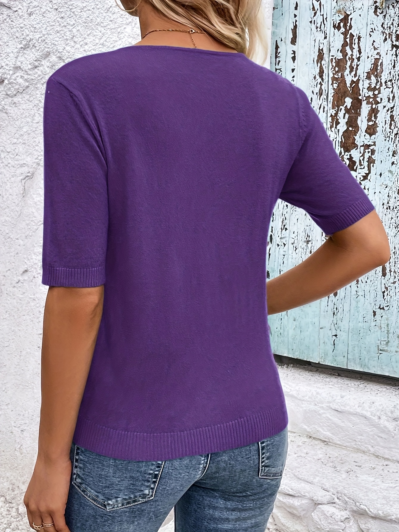 Women'S Elegant V-Neck Blouse - Short Sleeve Solid Color Top for Casual or Chic Outfits, Machine Washable Polyester, Perfect for Spring & Fall, Spring Fashion | Elegant Style | Workout Fabric