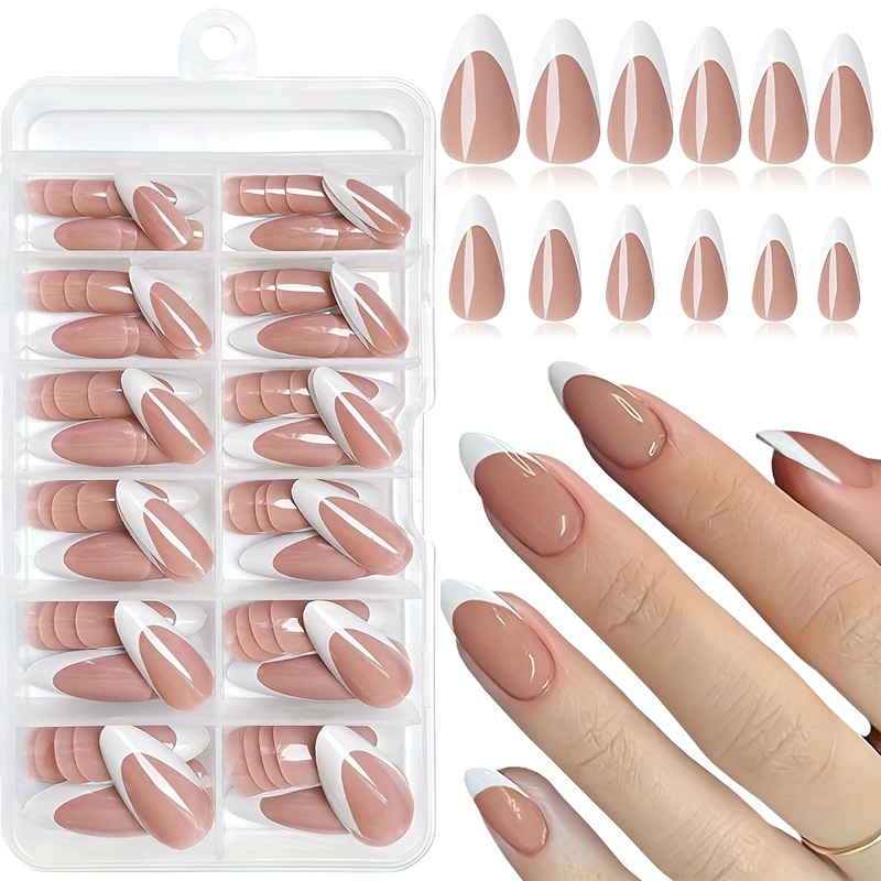 TEMU 120pcs Of French Press-on Nails - Full Coverage Almond Glossy Reusable Artificial Nails In French Style, Elegant Press-on Nails For Women,