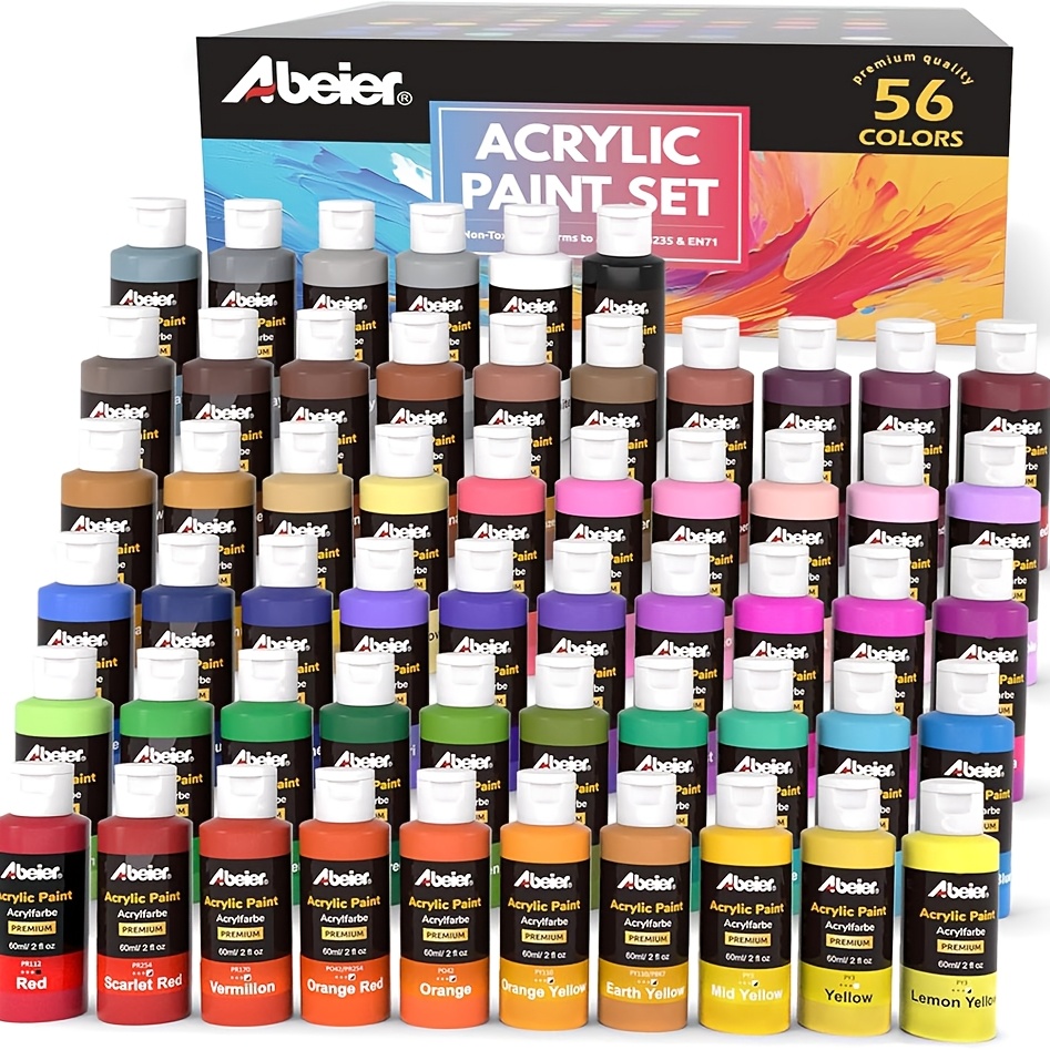 Image of Supplies.acrylic Paint For Artists, 56 Colors, 2oz/60ml Bottles, Rich Pigmented, Water Proof, Premium, Beginners, Adults On Canvas Rocks Wood Ceramic Glass And Fabric