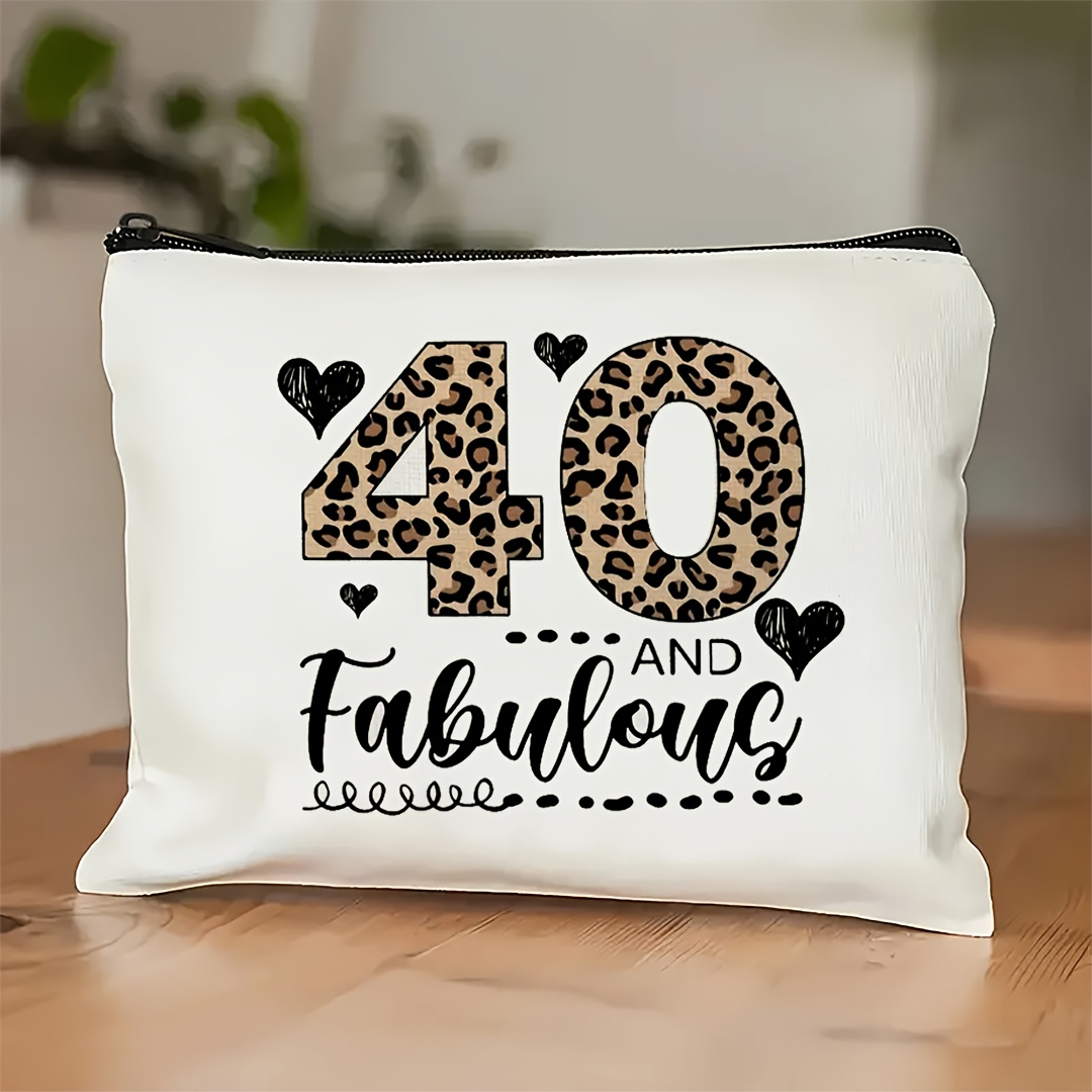 TEMU 1pc, A 40th-birthday Themed Makeup Bag With Leopard Print Numbers And Heart Decorations, Double-sided Printing, Zipper Opening And Closing. An