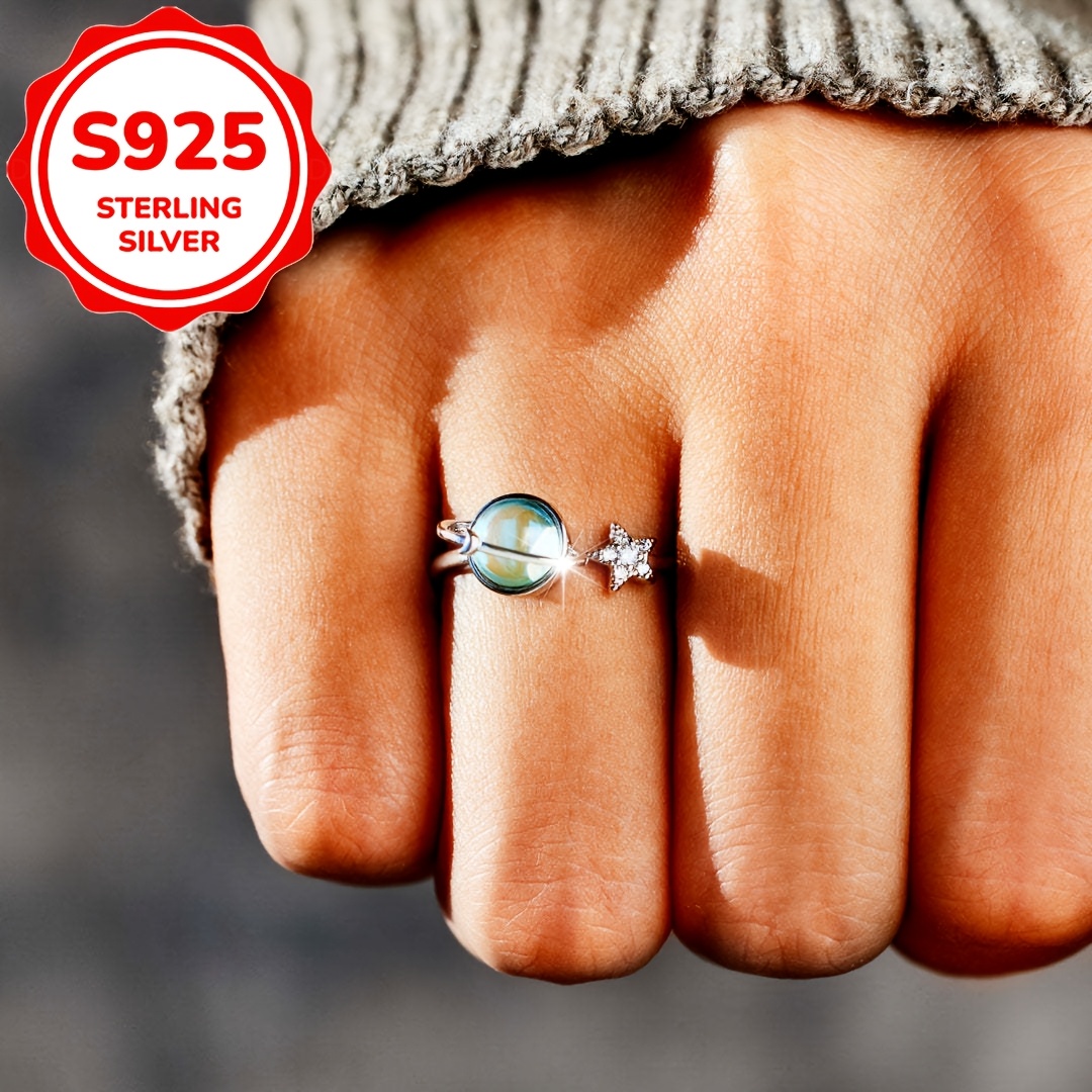 Women's S925 Silver Star Moon Earth Ring