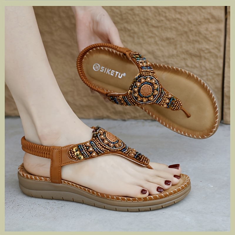 Women'S Flip-Flops, Bohemian Comfortable Beaded Beach Vacation Plus Size Flat Shoes, Women Shoes